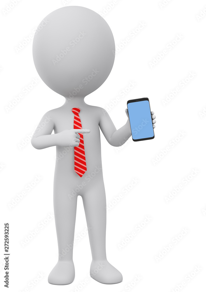 Character man businessman points to a mobile phone on a white background. 3d render illustration for advertising. Character man businessman points to a mobile phone on a white background. 3d render illustration for advertising.