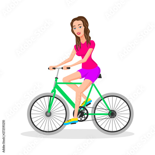 Cool vector character design on adult young woman riding bicycles. Stylish female hipsters on bicycle, side view, isolated. Vector illustration of a flat design