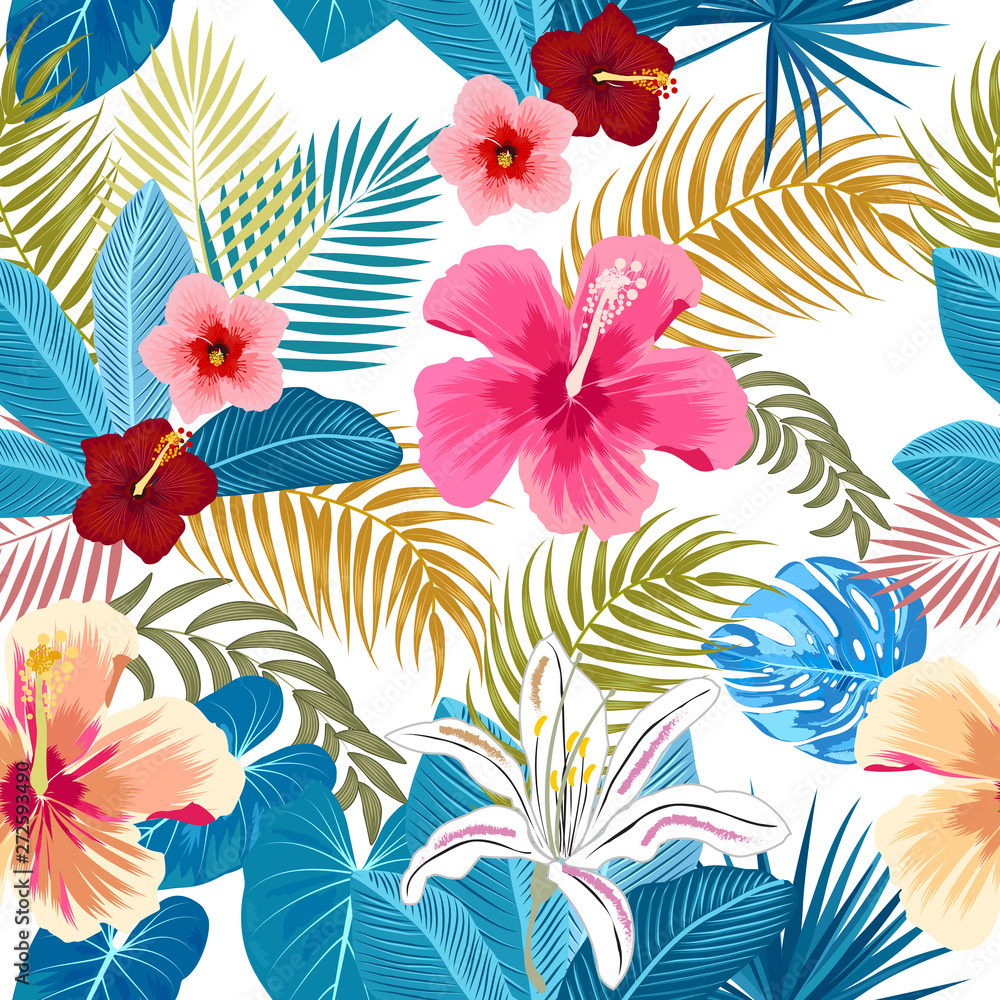 Fototapeta Vector tropical jungle seamless pattern with flowers, palm trees