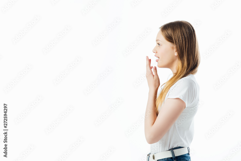 side view of surprised teenage girl isolated on white side view of surprised teenage girl isolated on white