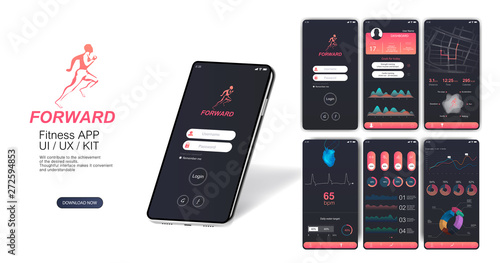 Fitness app with multiple screens UI/UX/KIT. Template ready GUI application in flat style. Login menu, dashboard, data analysis, selection of training program, view results. Fitness app screens 