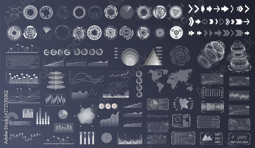 Different HUD, UI, UX, elements. Futuristic user interface set. Hi-tech GUI interface for app (Circles, pointers, frames, bar download, data and charts , infographics) HUD elements set. Vector