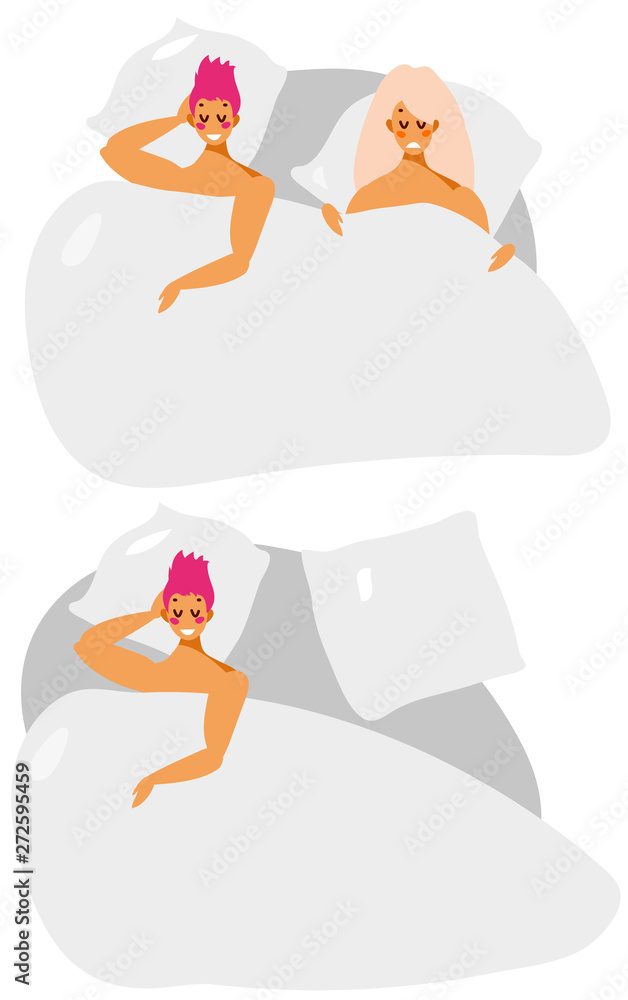 Sexual problems or depression in the homosexual couple. Couple of LGBT, lesbian, transgender, romantic partners on a white background in bed. Vector illustration in flat cartoon style.