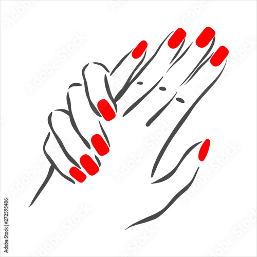 Vector hand drawn illustration of manicure and nail polish on woman hands