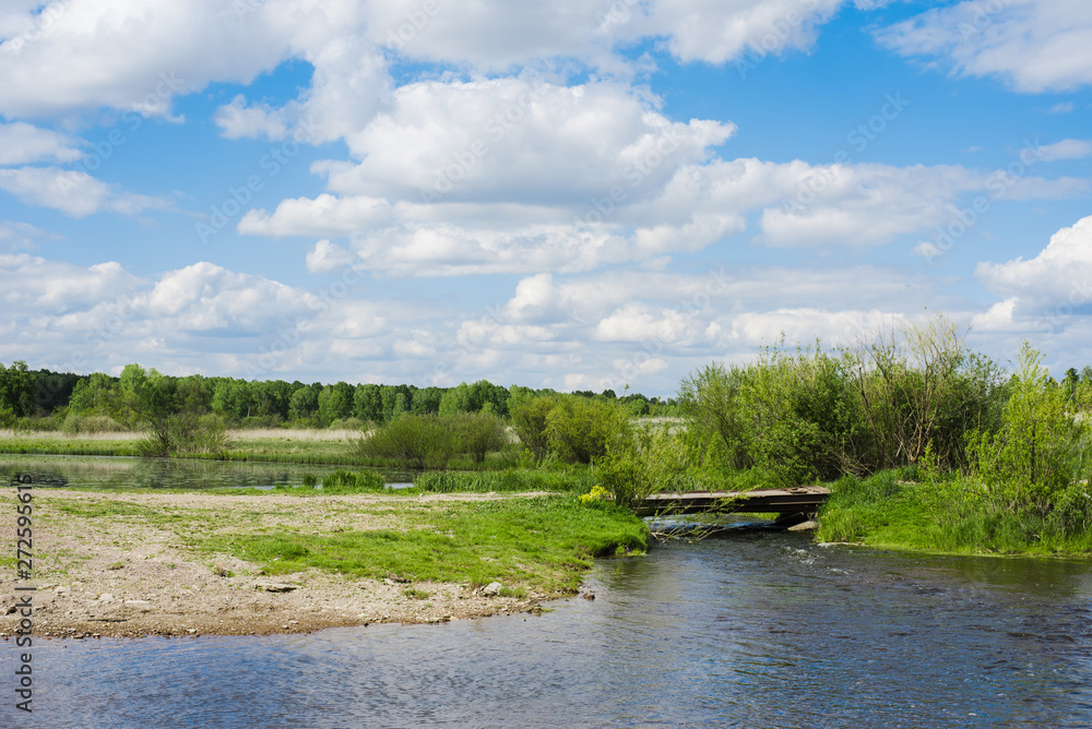 Green field. Wildlife. Meadow, forest and river. Cloudy sky Rural landscape. Green field. Wildlife. Meadow, forest and river. Cloudy sky Rural landscape.