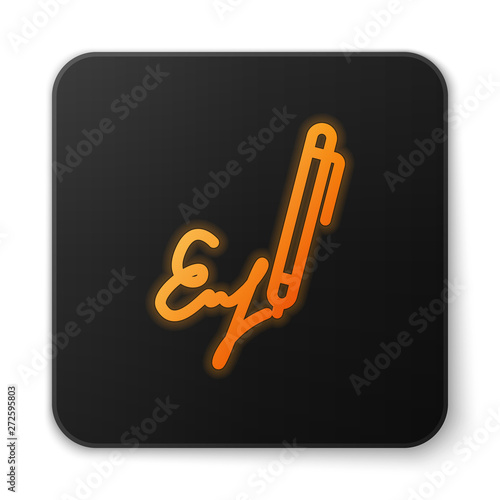 Orange glowing Signature line icon isolated on white background. Pen and undersign, underwrite, ratify symbol. Black square button. Vector Illustration