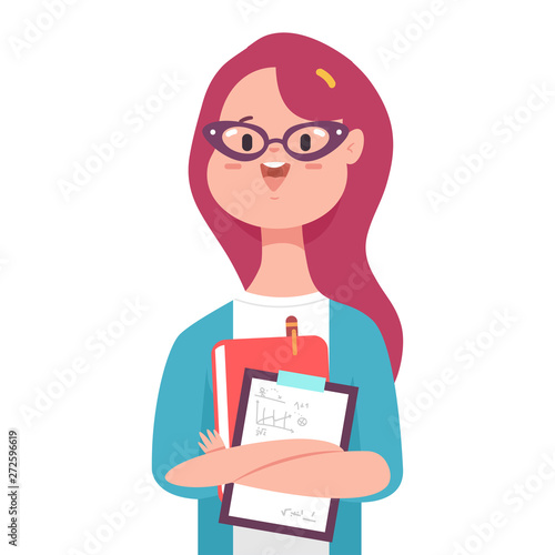 School teacher with book vector cartoon cute girl character isolated on a white background.