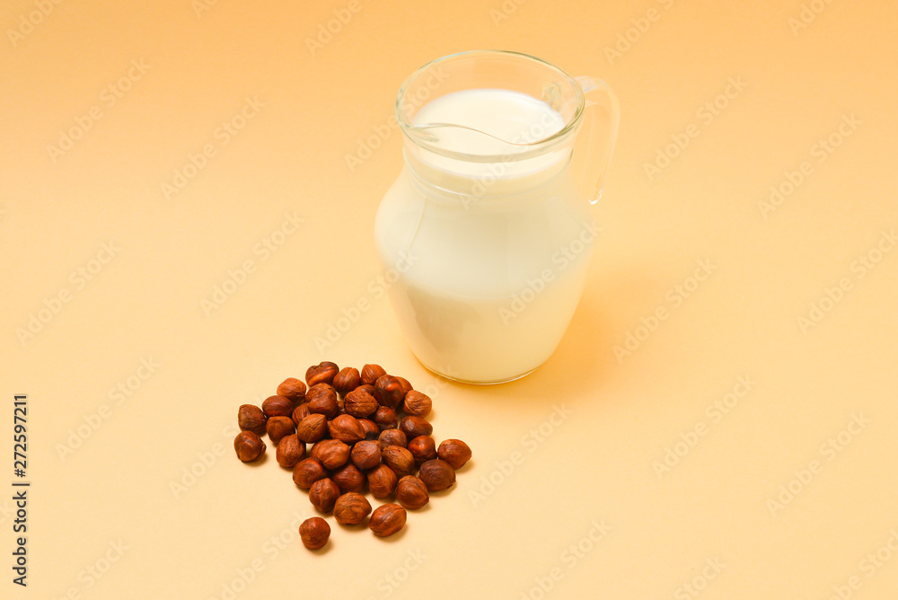 Hazelnut milk in a jar and nuts. Hazelnut milk in a jar and nuts.