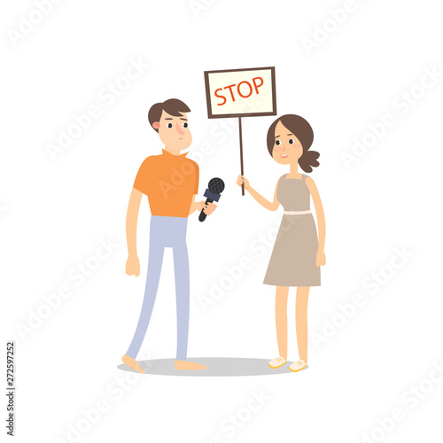 Male journalist record interview with protest girl with board