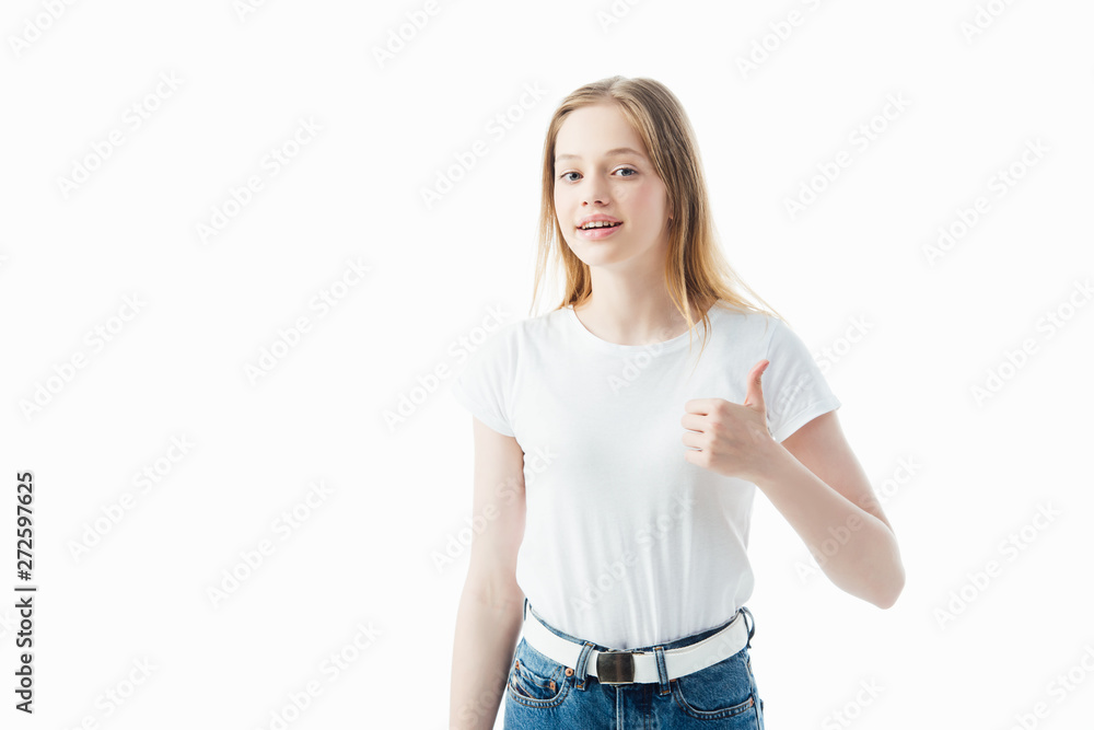 smiling teenage girl showing thumb up isolated on white smiling teenage girl showing thumb up isolated on white