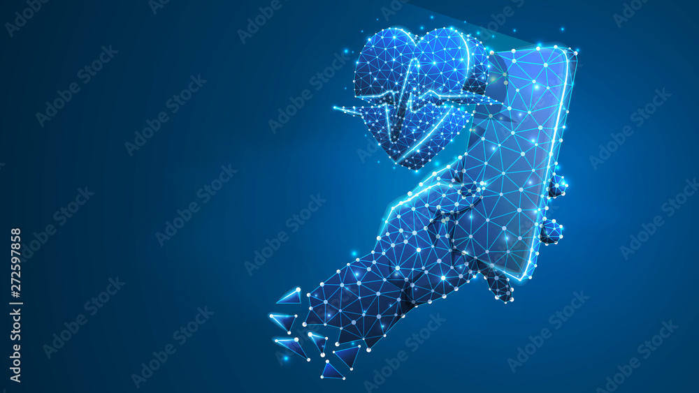 Phone in a hand with Heart pulse line symbol. Polygonal Internet treatment, mobile healthcare concept. Abstract, digital, wireframe low poly mesh vector blue neon 3d illustration. Triangle line dot