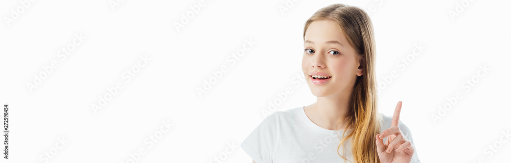 panoramic shot of happy teenage girl showing idea gesture and looking at camera isolated on white panoramic shot of happy teenage girl showing idea gesture and looking at camera isolated on white
