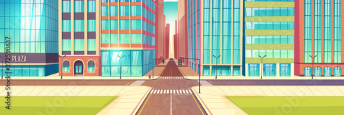 Modern city crossroads, streets crossing cartoon vector with two-lane road, traffic lights, sidewalks, green lawns near skyscrapers buildings with stores glass showcases illustration. Urban cityscape