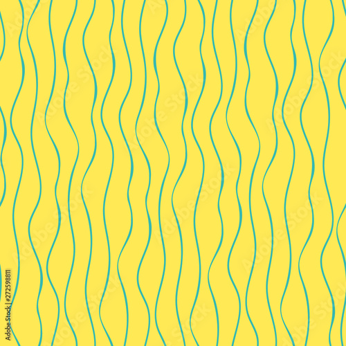 Abstract hand drawn vertical blue doodle lines. Seamless geometric vector pattern on vibrant yellow background. Great for spa, wellness, beauty products, stationery, giftwrap, packaging, web