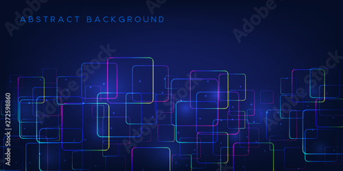 Abstract tech horizontal background with decorative border. Colorful vector banner with digital design elements.