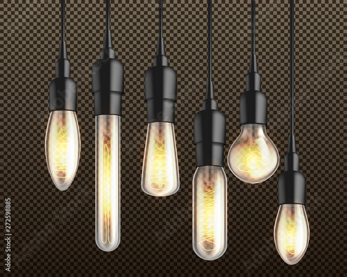 Glowing in darkness different shapes and forms incandescent light bulbs with heated wire filament hanging from above on black wire and holders 3d realistic vector isolated on transparent background.