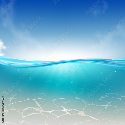 Oceanic wave, sea water column realistic vector background. Bright sky, sun rays spreading in clear, blue water with bubbles and shimmering on clean, white sandy bottom cross section illustration