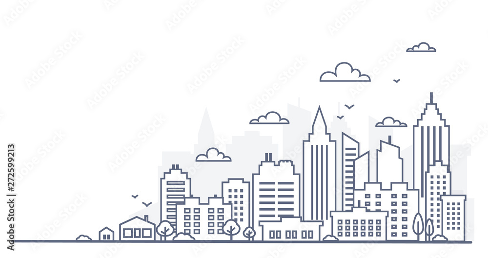 City landscape template. Thin line City landscape. Downtown landscape with high skyscrapers. Panorama architecture Goverment buildings Isolated outline illustration. Urban life