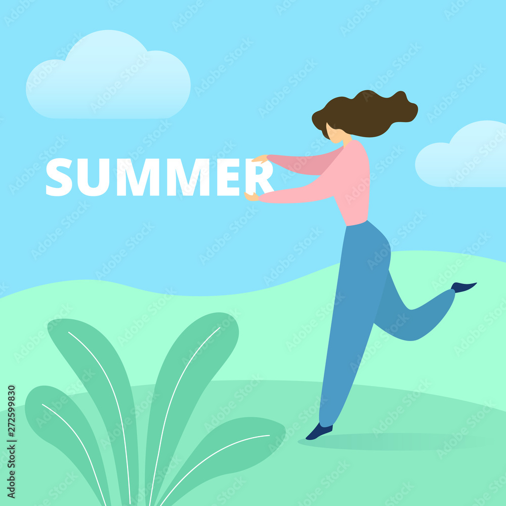 Woman Dancing on Green Field Holding Word Summer