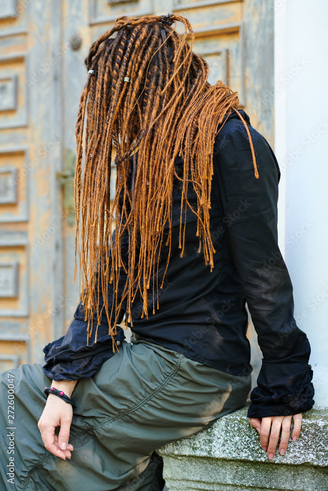 Backside Dreadlocks Head Closeup Fashionable Girl Posing At Old Wooden Door  Background Stock Photo - Download Image Now - iStock