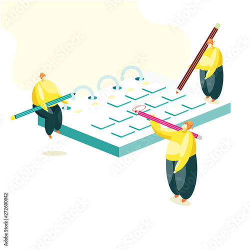 vector illustration. Little people characters working together and planning schedule on desk Calendar. design business graphics tasks scheduling on a week
