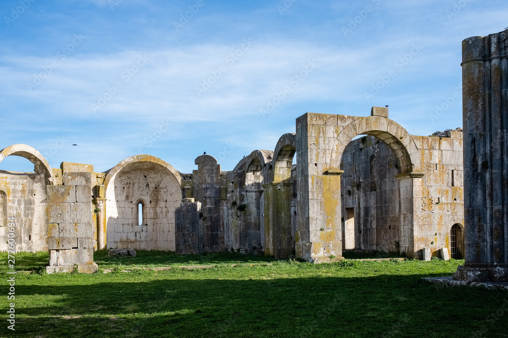 Abbey of the Most Holy Trinity in Venosa. Interior view of unfinished church called Incompiuta. Basilicata region, Italy