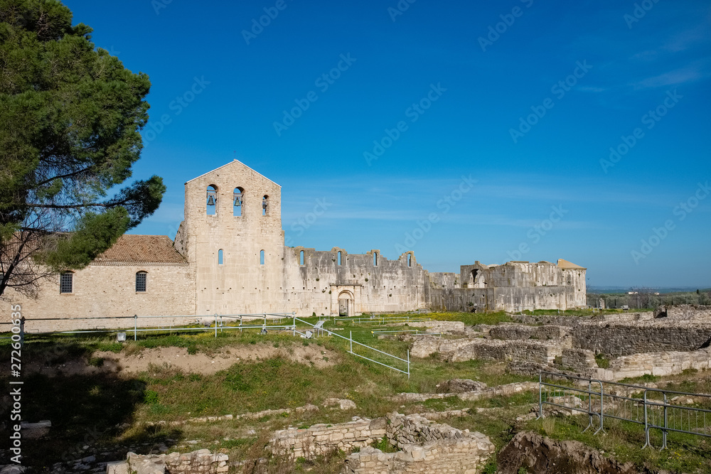 Abbey of the Most Holy Trinity in Venosa. View of unfinished church called Incompiuta. Basilicata region, Italy