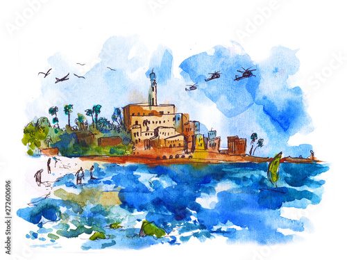 Water view landscape - Mediterranean Sea, Watercolor. Old town and port of Jaffa and Tel Aviv city, Israel