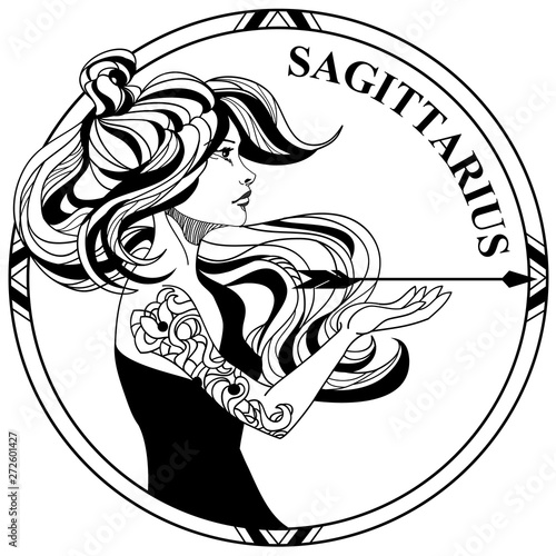 Vector illustration of sign zodiak Sagittarius. Beautiful girl with hair in long tail and arrow in round frame. Line art. Design for tattoo.