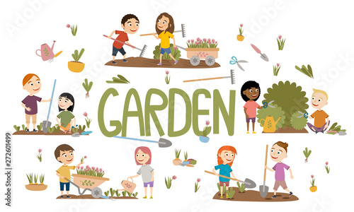 Set different boy and girl gardening plants, weed beds, watering seedlings, pruning bushes and trees, collect tulips, working in the garden. People and garden tools. Vector illustration