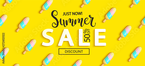 Summer Sale ice cream banner on yellow background, hot end or mid season 50 percent discount poster.Invitation for shopping, special offer card, template design for promotions. Vector illustration.