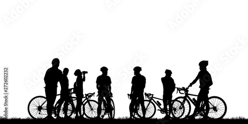 Silhouette group friend and bike relaxing on white background