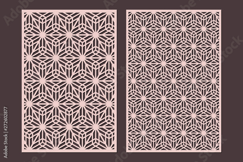 Laser cut cabinet fretwork perforated panel templates with pattern in japanese kumiko style. Geometric hexagon ornamental panels, rate 2:3. Metal, paper or wood carving. Outdoor screen.