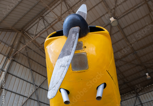 Propeller of vintage airplane in an hangar
