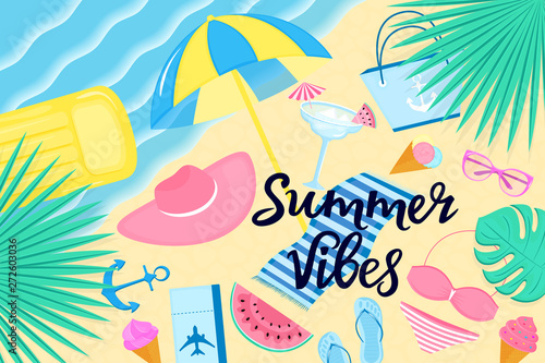 Summer vibes banner. Beach vacation on a tropical island. Women's clothing and accessories.