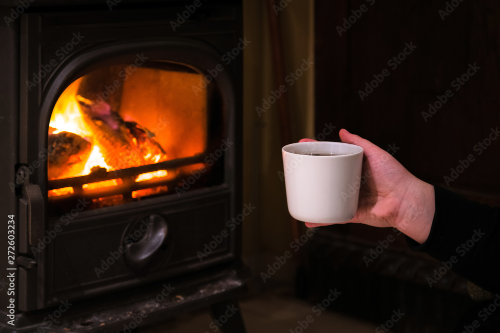 Woman having a hot cup of rink at the fireplace. Burning firepla Woman having a hot cup of rink at the fireplace. Burning firepla