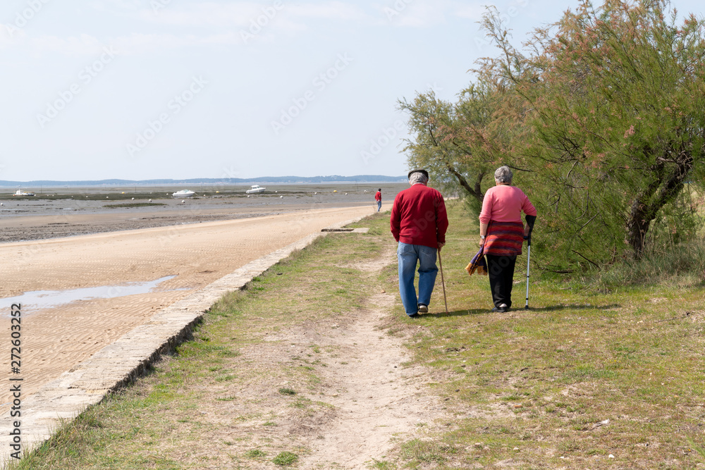 mature couple walking together on beach coast mature couple walking together on beach coast