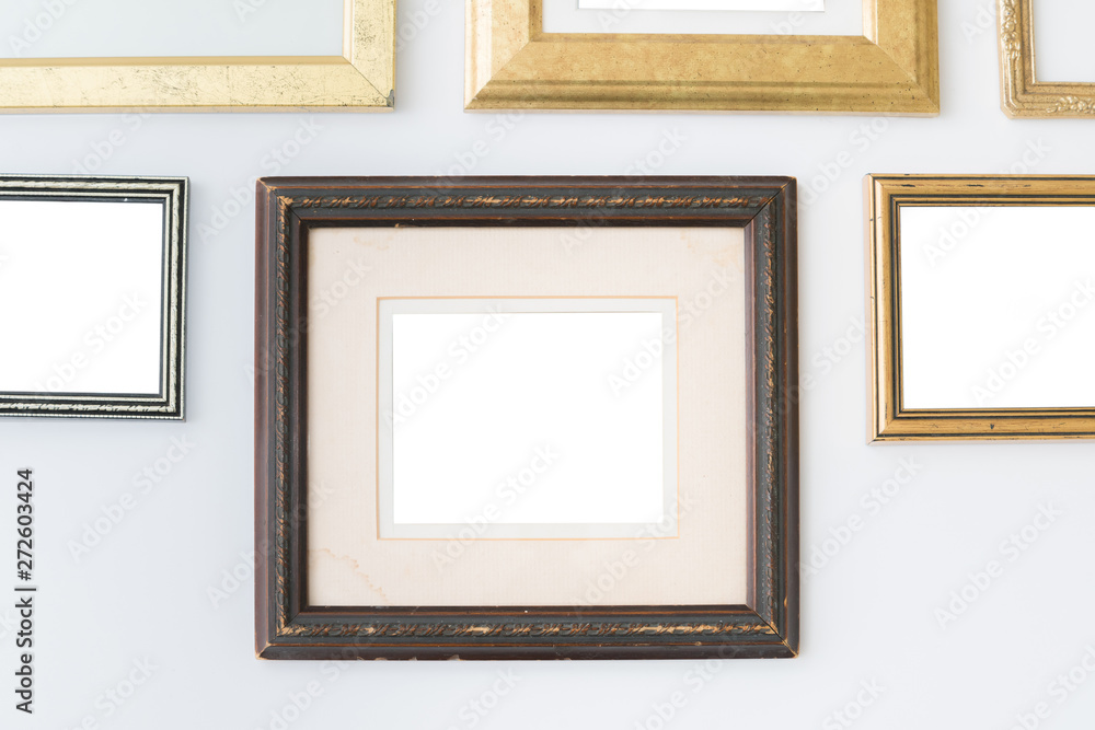 Blank empty frames on white background. Art gallery, museum exhi Blank empty frames on white background. Art gallery, museum exhi