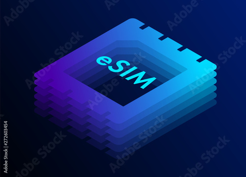 eSIM card chip isometric sign. Embedded SIM concept.