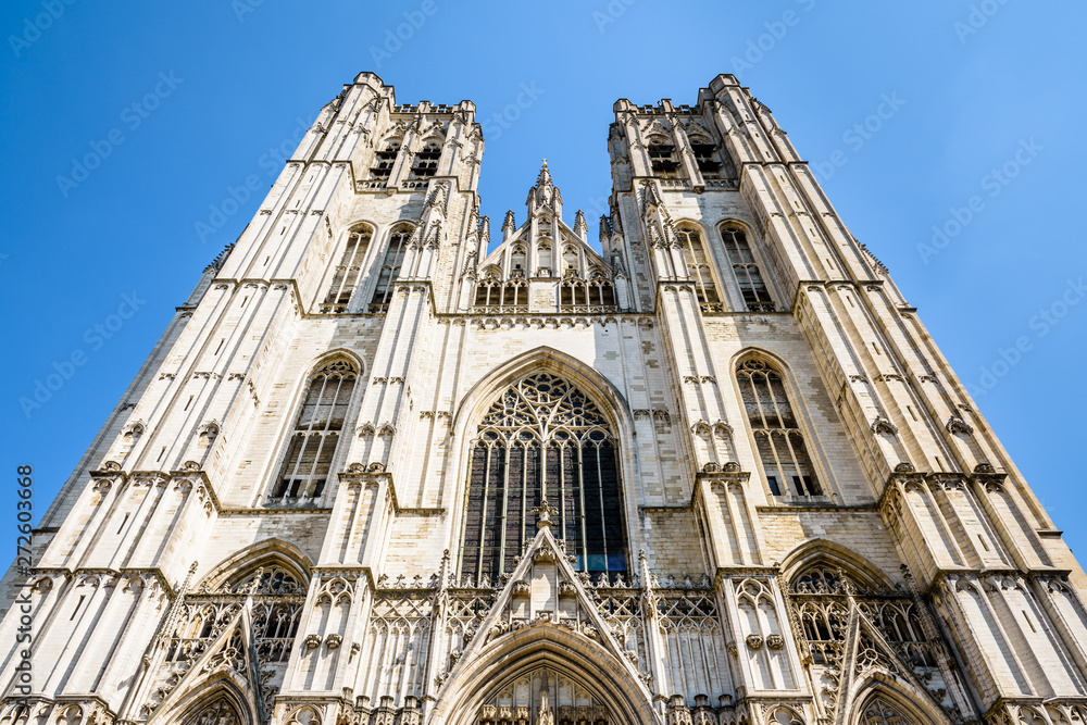 The western facade of the Cathedral of St. Michael and St. Gudula in Brussels, Belgium, with its three portals surmounted by gables and two towers, is typical of the French Gothic style.