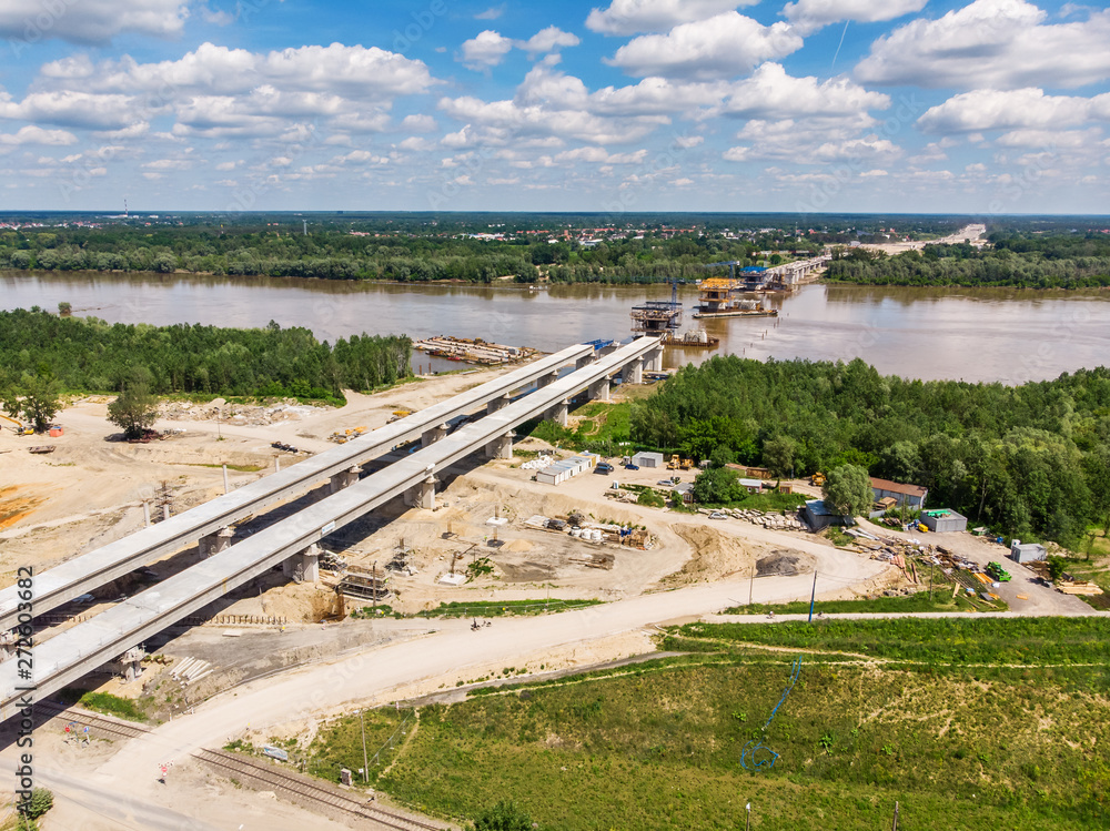 Aerial view of South Bridge construction site over Vistula river, Warsaw