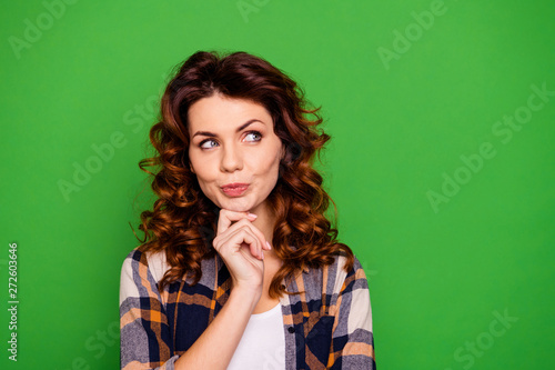 Close up photo of charming intelligent inspired lady youth choose decide solve have options touch chin hands thoughts look pretty cute  wear plaid clothing isolated on bright background © deagreez