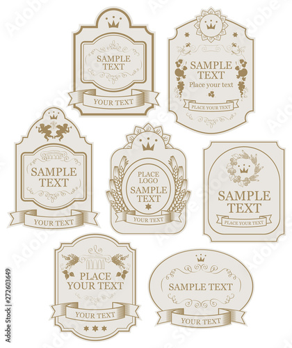 Set of vintage vector labels in beige and gold colors, with crowns, ribbons, angels, curls, spikelets, in figured frames