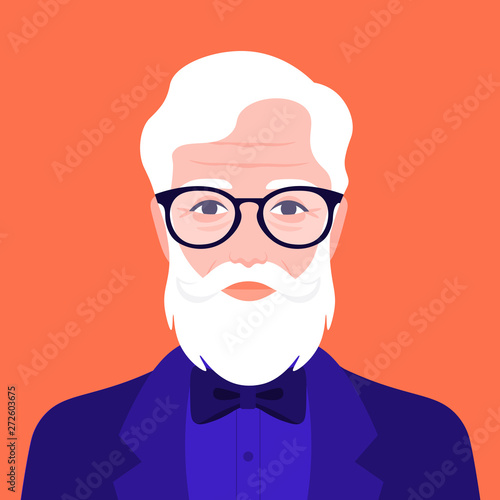 Portrait of an old hipster man in a suit with a bow tie. Avatar fashion grandfather. Vector illustration in flat style