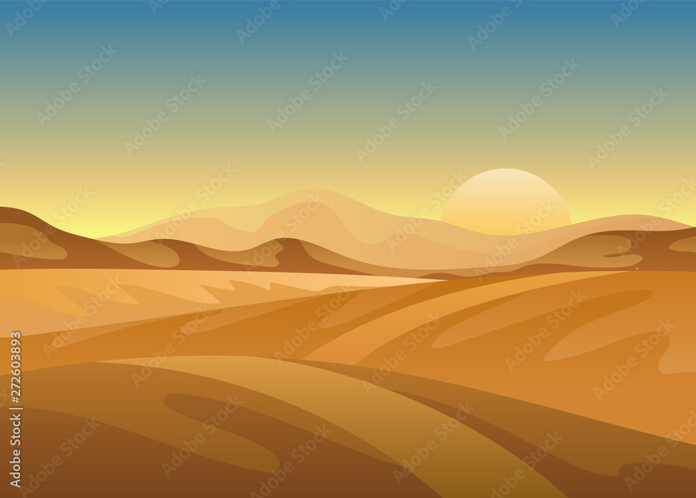 Sunset in the desert. Vector illustration on white background.
