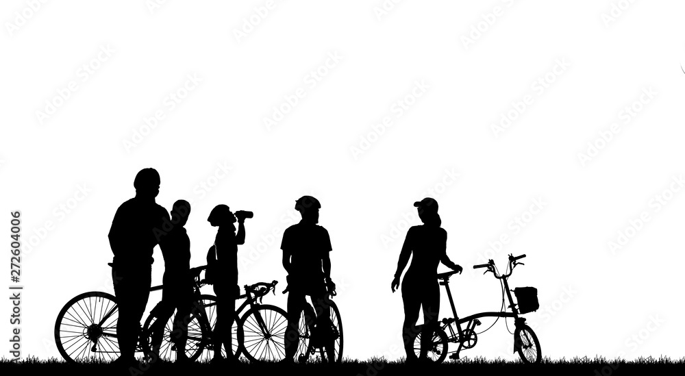 Obraz premium Silhouette group friend and bike relaxing on white background