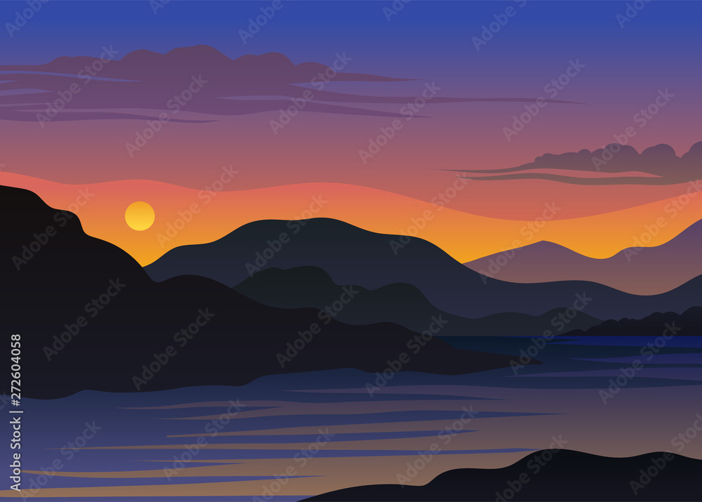 Sunset over the hills and the river. Vector illustration on white background.