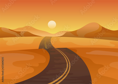 Asphalt road in the middle of the desert. Vector illustration on white background.