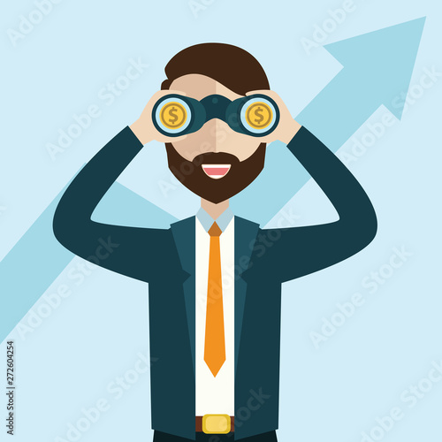 Businessman Looking for growth chart and money .Vision concept. Cartoon Vector Illustration.