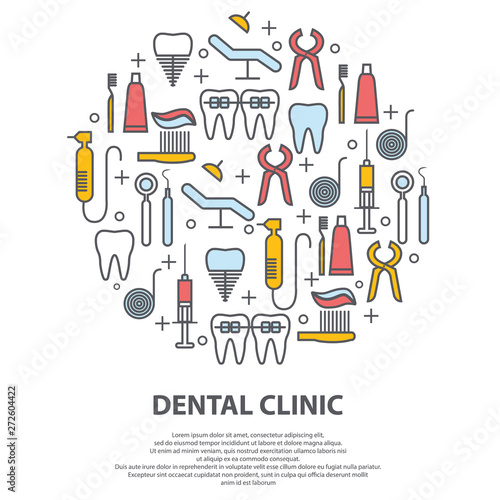 Dentist concept in circle with thin line icons of tooth, implant, dental floss, crown, toothpaste, medical equipment. Modern vector illustration for banner, web page, print media.